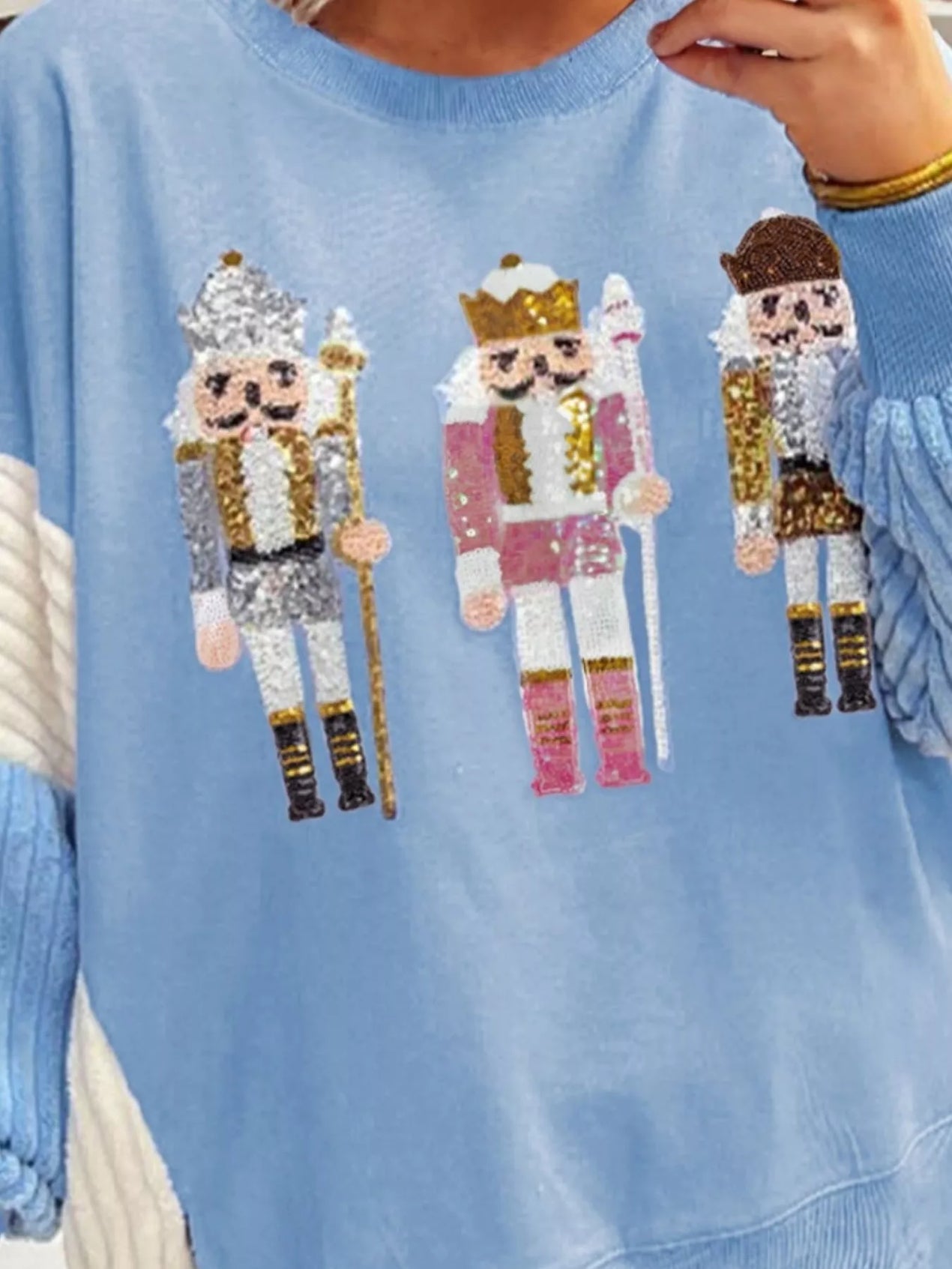 Christmas Sequin Nutcracker Textured Sleeve Patchwork Sweatshirt - SwagglyLife Home & Fashion